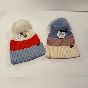 Kids' Cozy Knit Pom-Pom Beanie Set of 2 - Red, Blue, Cream